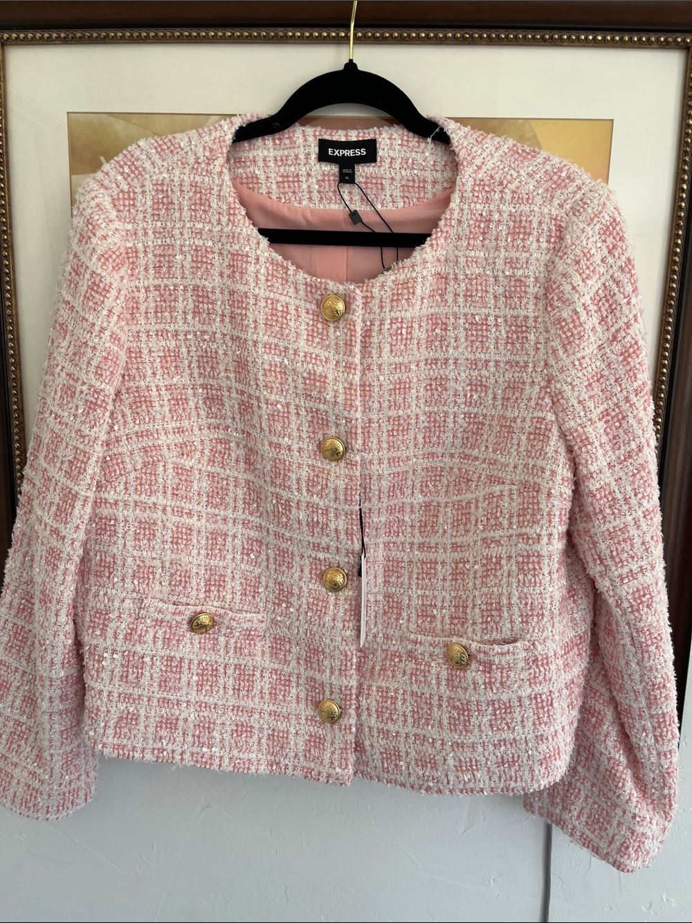 Express Pink and Cream Tweed Cropped Blazer with Gold Buttons
